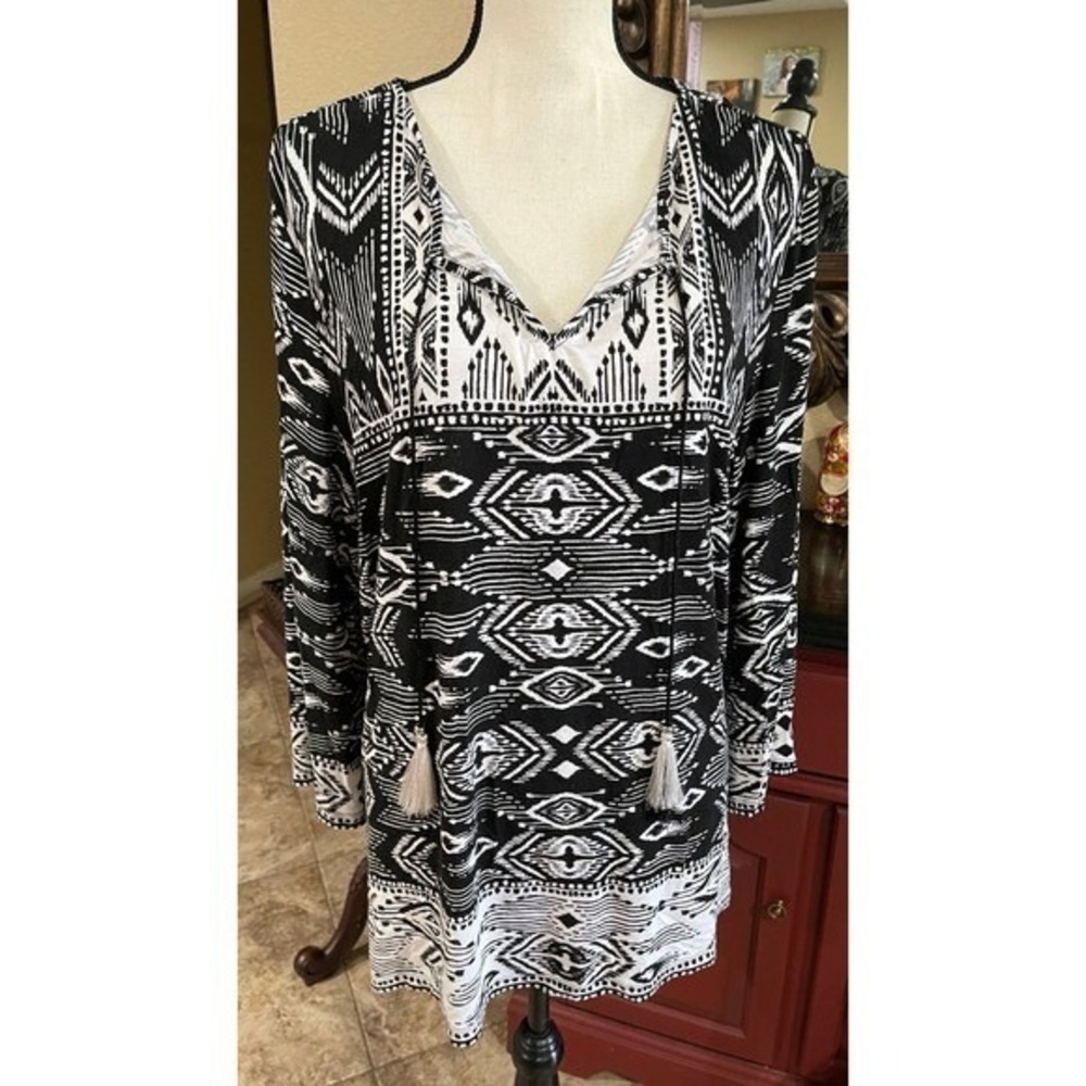 Ruby Rd Black White Aztec Tribal Tassel Tunic Top XL Boho Southwestern